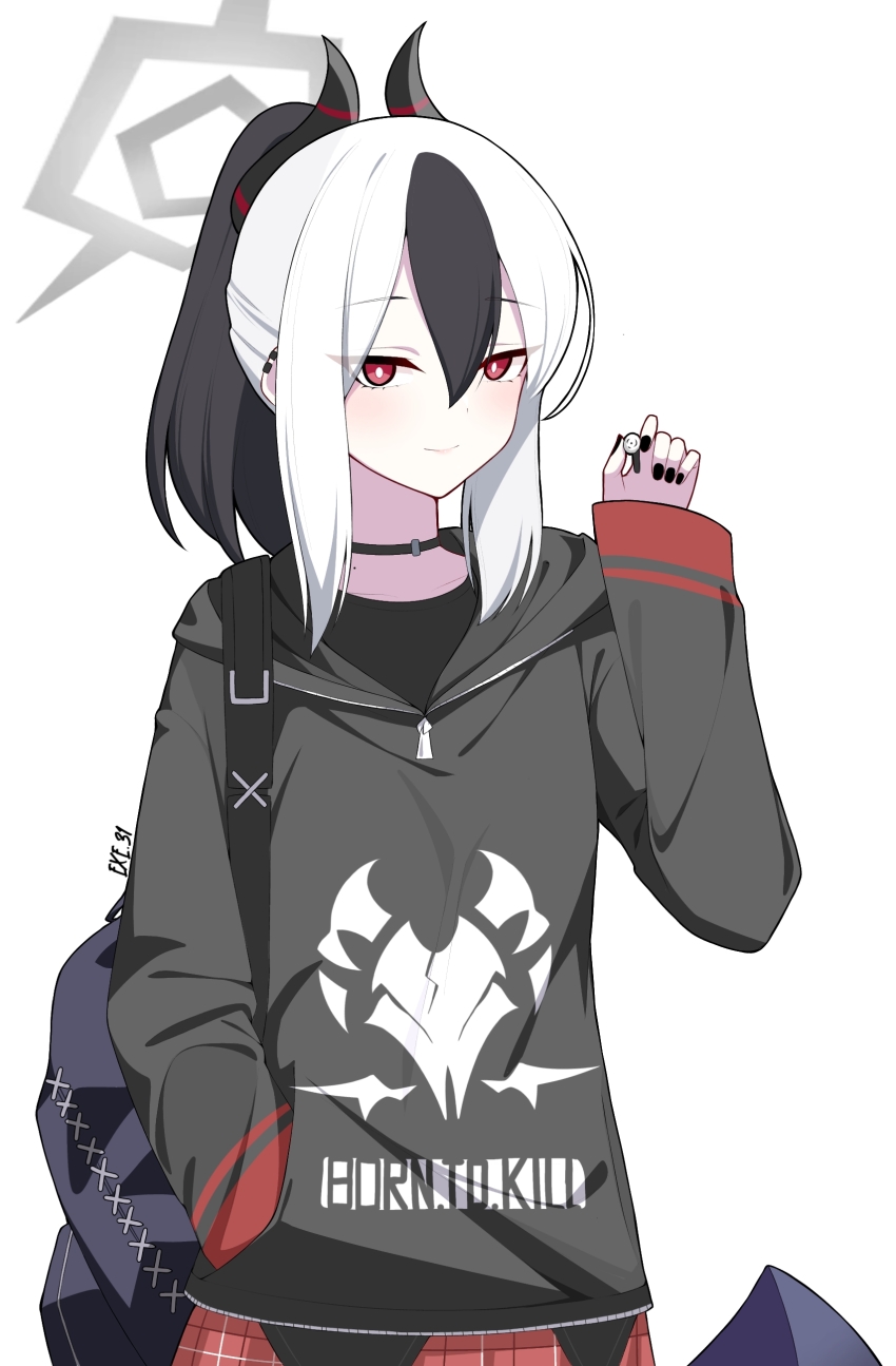 1girl absurdres artist_name black_bag black_hair black_hoodie black_horns blue_archive choker closed_mouth commentary demon_horns ear_piercing earphones exe.31 grey_hair hair_between_eyes hand_in_pocket hand_up highres holding holding_earphones hood hoodie horns kayoko_(blue_archive) long_sleeves looking_at_viewer mole multicolored_hair nail_polish piercing plaid_clothes plaid_skirt red_eyes red_skirt sidelocks simple_background skirt smile solo standing two-tone_hair white_background wireless_earphones