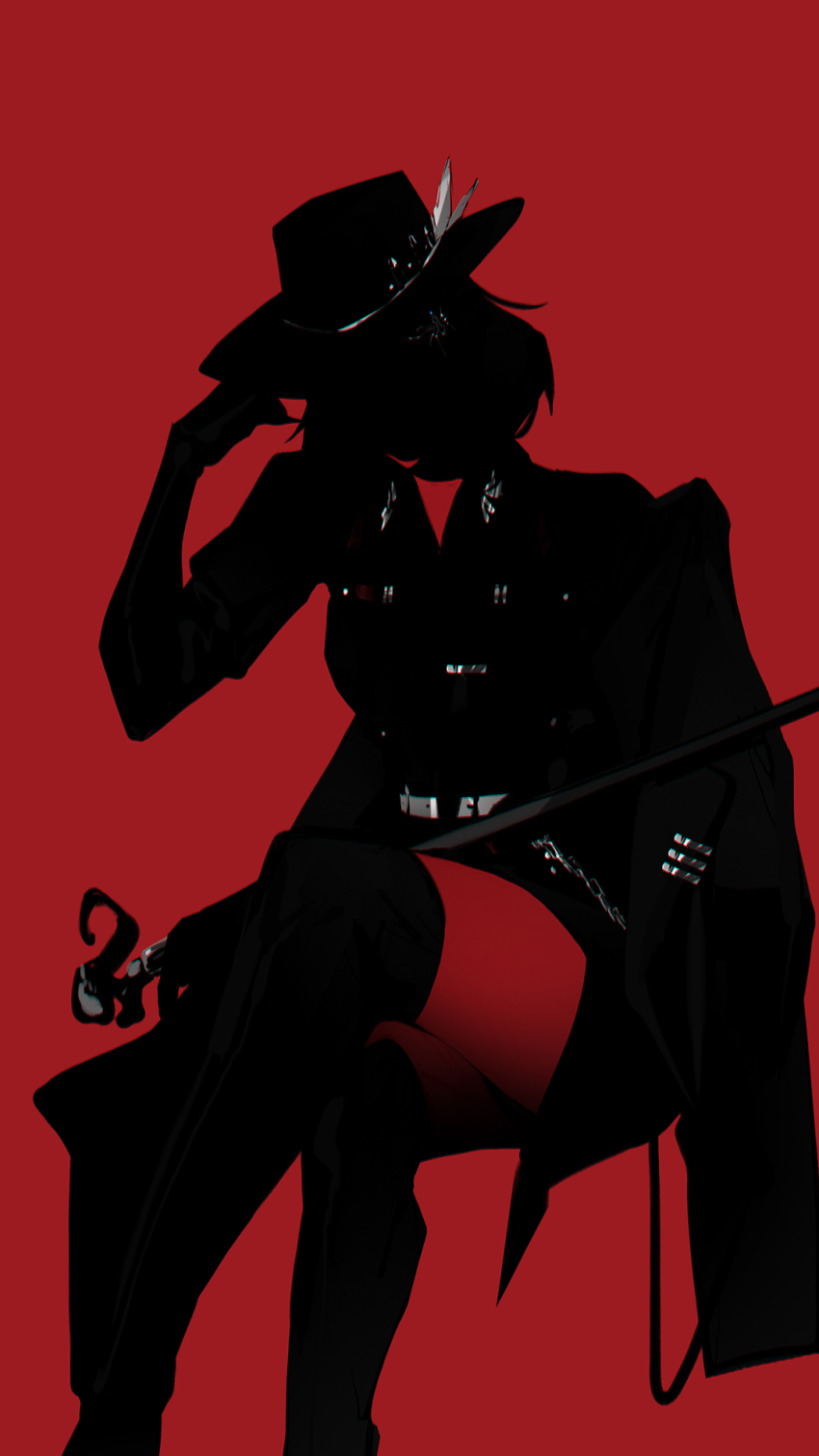 1girl adjusting_clothes adjusting_headwear cane cowboy_shot faceless faceless_female hat_feather highres holding holding_cane langley_(path_to_nowhere) path_to_nowhere red_background short_hair silhouette sitting sleeptight solo