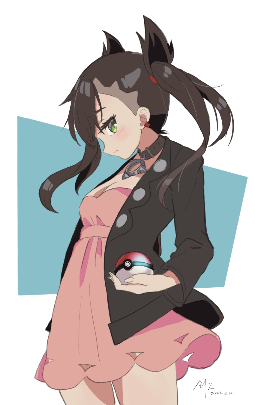 1girl absurdres asymmetrical_bangs black_choker black_collar black_hair black_jacket breasts choker cleavage closed_mouth collar cowboy_shot dress ear_piercing green_eyes hair_ribbon highres holding holding_poke_ball jacket kenji_(black85114) looking_at_viewer marnie_(pokemon) nintendo piercing pink_dress poke_ball poke_ball_(basic) pokemon pokemon_swsh red_ribbon ribbon short_dress sideways_glance small_breasts solo twintails undercut white_background