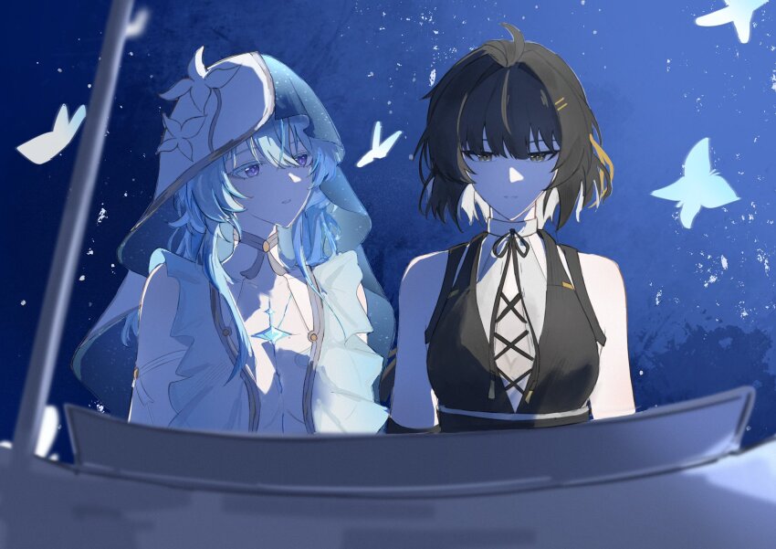 2girls armlet bare_shoulders black_dress blue_hair blue_veil breasts colored_eyelashes colored_inner_hair commentary_request cross-laced_clothes cross-laced_dress dress eclair_yuri female_rover_(wuthering_waves) hair_between_eyes hair_ornament hair_ribbon hairclip highres instrument jewelry large_breasts looking_at_another looking_at_object multicolored_hair multiple_girls parted_lips piano purple_eyes ribbon rover_(wuthering_waves) sitting sleeveless sleeveless_dress shorekeeper_(wuthering_waves) two-tone_veil upper_body veil white_dress white_hair white_veil wuthering_waves yellow_eyes yellow_ribbon