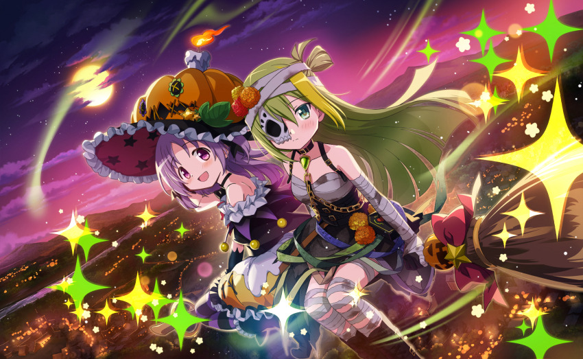 2girls alina_gray alina_gray_(halloween_ver.) aqua_eyes artist_request bandaged_arm bandaged_chest bandaged_hand bandaged_head bandaged_leg bandages bare_shoulders belt belt_buckle belt_collar black_belt black_boots black_bow black_choker black_corset black_hat black_pantyhose black_shirt black_skirt blood blood_stain blunt_ends boots bow broom broom_riding buckle candle_on_head chain chain_leash choker city closed_mouth cloud collar corset expressionless feet_out_of_frame fire floating_clothes floating_hair flower frilled_headwear frilled_shirt frilled_skirt frills full_moon game_cg gem gold_buttons gold_chain gradient_sky green_gemstone green_hair hair_between_eyes hair_bow hair_bun hair_flower hair_ornament half_mask halloween halloween_costume happy hat hat_ornament high_belt highres jack-o&#039;-lantern jack-o&#039;-lantern_hat leaf_hat_ornament leash light_blush light_frown light_particles long_hair looking_at_viewer magia_record:_mahou_shoujo_madoka_magica_gaiden magic mahou_shoujo_madoka_magica mahou_shoujo_madoka_magica_magia_exedra marigold mask miniskirt misono_karin misono_karin_(halloween_ver.) moon mountainous_horizon multiple_belts multiple_girls off-shoulder_shirt off_shoulder official_alternate_costume official_art open_mouth orange_flower orange_hat orange_skirt outdoors pantyhose pink_eyes pink_hat pink_sky pointy_boots print_headwear pumpkin_skirt purple_hair purple_pantyhose purple_sky red_flower river shirt shoulder_belt single_side_bun skirt skull_mask sky smile sparkle star_(sky) star_(symbol) star_hat_ornament star_print starry_sky straight_hair striped_clothes striped_pantyhose tareme tsurime twilight two-sided_fabric two-sided_headwear two-tone_hat two-tone_pantyhose two_side_up very_long_hair white_mask wide_brim wind witch_hat yellow_flower yellow_gemstone