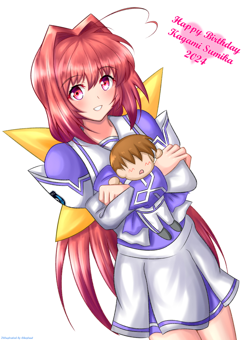 1girl 2024 absurdres ahoge blush bow character_doll chestnut95 doll hair_bow hair_intakes hakuryou_high_school_uniform happy_birthday heart heart_ahoge highres holding holding_doll juliet_sleeves kagami_sumika long_hair long_sleeves looking_at_viewer low_ponytail miniskirt muv-luv ponytail puffy_sleeves purple_bow red_eyes red_hair ribbon school_uniform shirogane_takeru skirt smile solo very_long_hair white_skirt yellow_bow