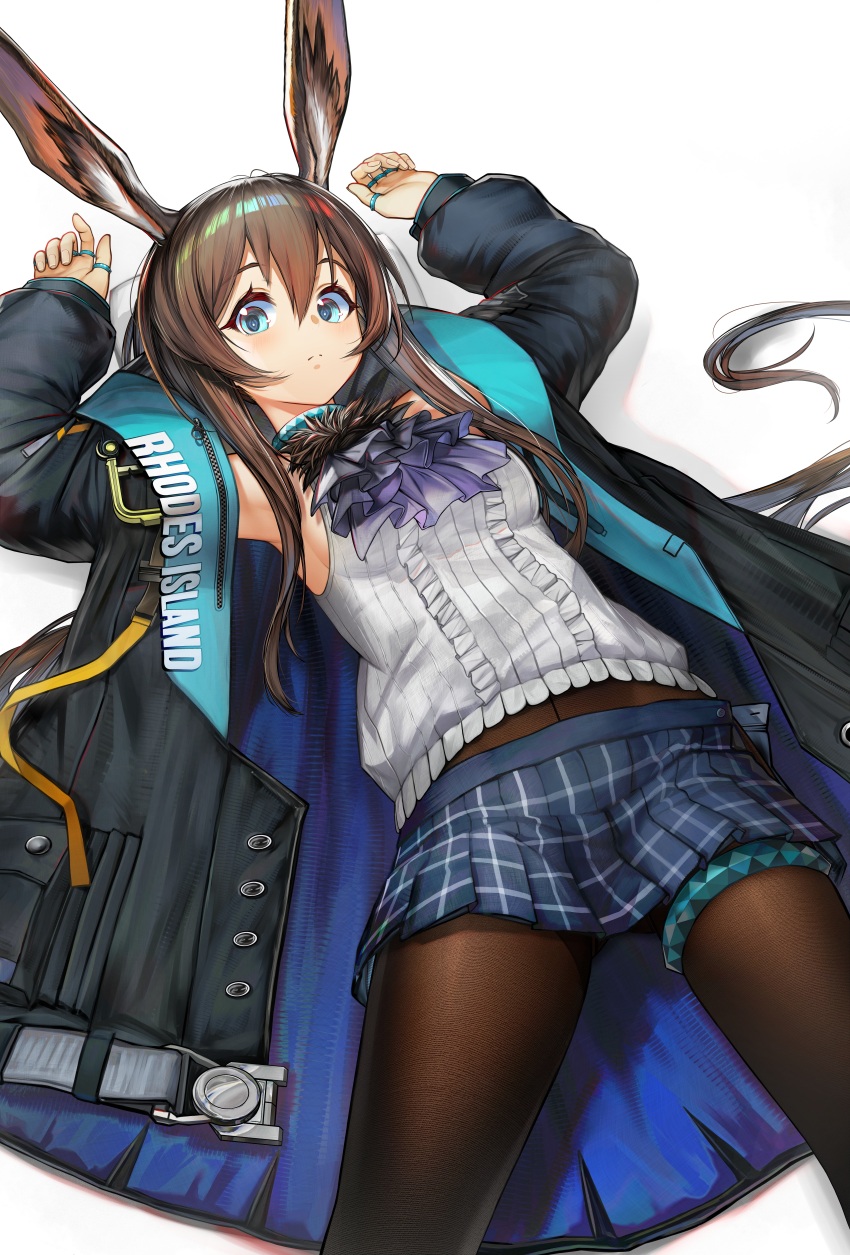 1girl absurdres amiya_(arknights) animal_ears arknights arms_up ascot black_coat blue_coat blue_collar blue_eyes blue_skirt breasts brown_hair brown_pantyhose center_frills chinese_commentary closed_mouth clothes_writing coat collar commentary_request cowboy_shot fingernails frills hair_between_eyes highres jewelry long_hair long_sleeves looking_at_viewer lying medium_breasts miniskirt multiple_rings nopetroto on_back pantyhose partial_commentary plaid_clothes plaid_skirt pleated_skirt purple_ascot ribbed_sweater ring simple_background skirt sleeveless sleeveless_sweater solo sweater thighlet two-sided_coat two-sided_fabric white_background white_sweater