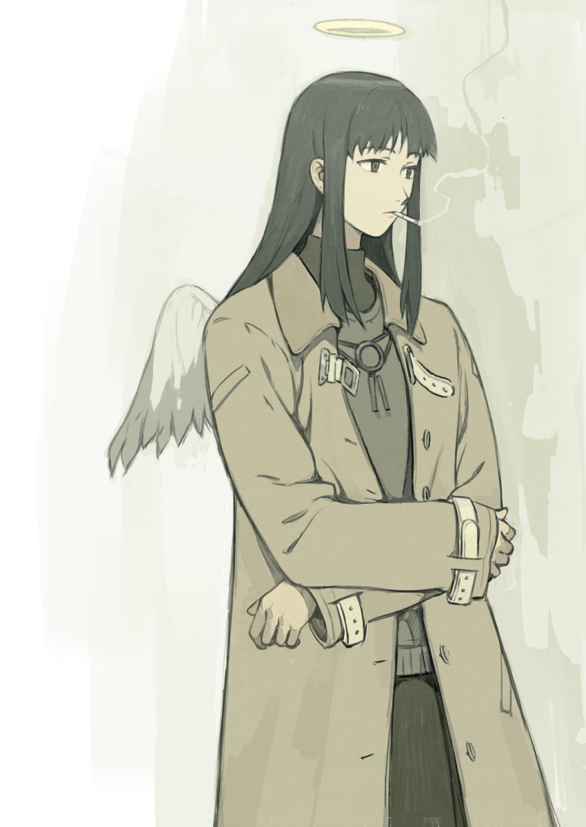 1girl absurdres angel angel_wings black_eyes black_hair brown_coat chenrong96 cigarette coat collared_coat expressionless grey_wings haibane_renmei halo highres long_hair long_sleeves reki_(haibane) sidelocks smoke smoking solo standing wings