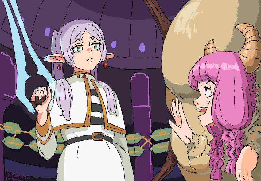 2girls aura_(sousou_no_frieren) aura_bullying_(meme) earrings energy_sword flood_(halo) frieren frown green_eyes grey_hair halo:_combat_evolved halo_(series) highres holding holding_sword holding_weapon horns jewelry kanokoga long_hair long_pointy_ears looking_down looking_up meme multiple_girls nervous open_hand parted_bangs pointy_ears purple_hair sousou_no_frieren sweatdrop sword twintails type-1_energy_sword weapon