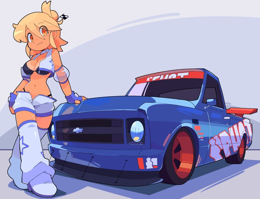 1girl bacun bikini_under_shorts blonde_hair boots breasts detached_sleeves fingerless_gloves flag_hair_ornament gloves hair_between_eyes hair_bun hair_ornament highres looking_at_viewer medium_breasts medium_hair mole mole_under_eye motor_vehicle navel original pickup_truck puffy_detached_sleeves puffy_sleeves race_vehicle see-through_clothes see-through_sleeves shorts smile solo star_(symbol) tan tanline thigh_boots truck unzipped vest y2k_fashion