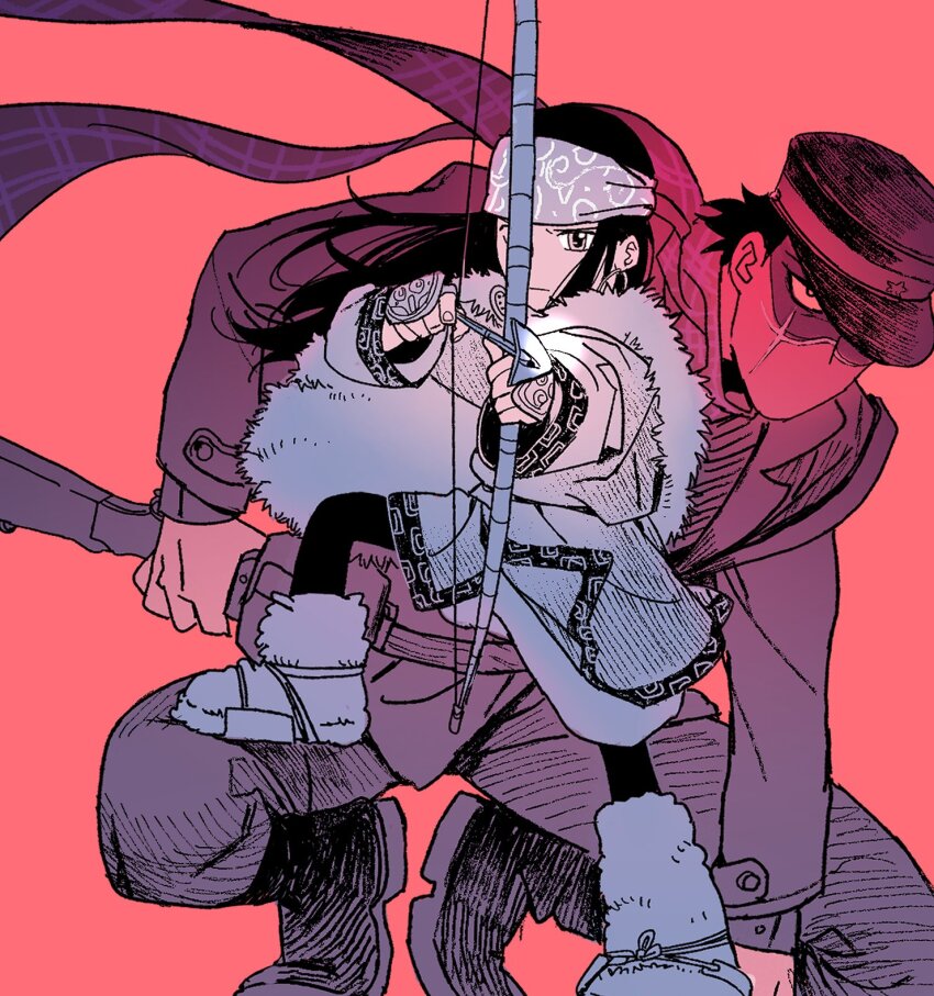 1boy 1girl arrow_(projectile) asirpa bandana belt boots bow_(weapon) child commentary_request fur_trim gloves golden_kamuy hat highres jacket japanese_clothes mask oddxegg0 pants red_background ribbon squatting sugimoto_saichi weapon