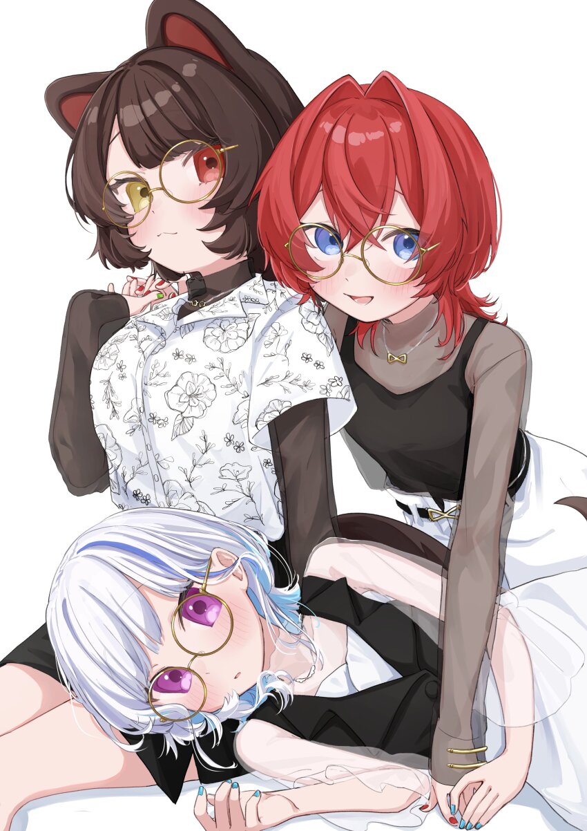 3girls 3znk :d absurdres alternate_costume ange_katrina animal_ears arm_support armpit_crease belt black_belt black_skirt black_tank_top black_vest blue_eyes blue_hair blue_nails blush breasts brown_hair brown_tail closed_mouth collarbone collared_shirt colored_inner_hair commentary_request crossed_bangs dog_ears dog_girl dog_tail floral_print floral_print_shirt glasses green_nails grey_shirt hair_between_eyes hair_intakes hand_up heterochromia highres holding_hands inui_toko jewelry lap_pillow lapels lize_helesta long_bangs looking_at_viewer lying matching_eyewear miniskirt multicolored_hair multiple_girls nail_polish necklace nijisanji notched_lapels on_side open_mouth pants parted_lips purple_eyes red_eyes red_hair red_nails round_eyewear sanbaka_(nijisanji) see-through_clothes see-through_shirt shirt shirt_tucked_in short_hair simple_background sitting skirt sleeves_past_wrists small_breasts smile streaked_hair swept_bangs tail tank_top two-tone_hair vest virtual_youtuber white_background white_hair white_pants white_shirt white_skirt yellow-framed_eyewear yellow_eyes