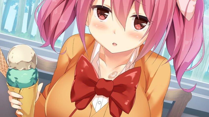 1girl blush bow bowtie breasts chair commentary day english_commentary food hair_between_eyes holding holding_food holding_ice_cream huge_breasts ice_cream indoors looking_at_viewer moe!_ninja_girls momochi_myu official_art on_chair open_mouth oppai_loli orange_shirt pink_eyes pink_hair red_bow red_bowtie school_uniform second-party_source shirt short_twintails solo twintails upper_body window