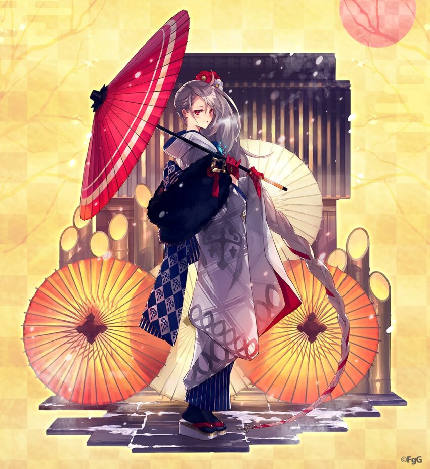 1girl absurdly_long_hair ancient_killers_(phantom_of_the_kill) braid checkered_background commentary_request da-kuro flower full_body gloves grey_hair hair_flower hair_ornament highres holding holding_umbrella japanese_clothes kimono long_hair looking_at_viewer official_alternate_costume official_art oil-paper_umbrella okobo outdoors phantom_of_the_kill platform_sandals ragnarok_(phantom_of_the_kill) red_eyes red_flower red_gloves red_umbrella sandals second-party_source snow solo standing umbrella very_long_hair yellow_background