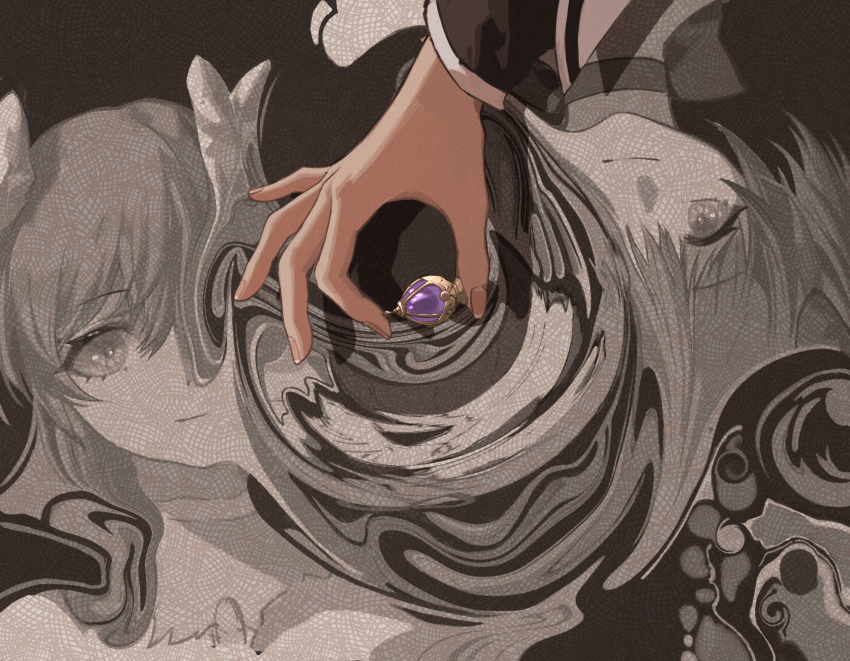3girls absurdres akemi_homura black_background bow bow_choker chest_jewel chinese_commentary choker closed_mouth commentary_request dress dual_persona eyelashes fingernails gem hand_up highres holding holding_gem kaname_madoka layered_sleeves long_sleeves magical_girl mahou_shoujo_madoka_magica mahou_shoujo_madoka_magica_(anime) multiple_girls partially_colored purple_gemstone ripples short_hair smile soul_gem surreal two_side_up ultimate_madoka yayaziiii