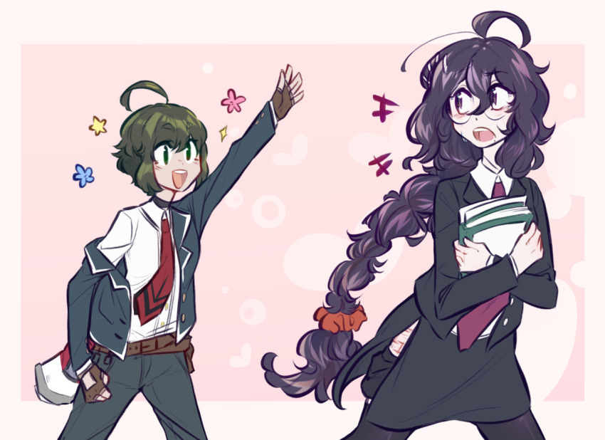 2girls ahoge alternate_costume aqua_hair arm_up belt black_jacket black_pantyhose black_skirt blue_jacket blush book braid brown_belt brown_gloves collared_jacket collared_shirt commentary danganronpa_(series) danganronpa_another_episode:_ultra_despair_girls english_commentary eyelashes fingerless_gloves formal_clothes fukawa_toko gloves green_eyes green_hair grey_pants holding holding_book holding_paper jacket long_sleeves looking_back megaphone multiple_girls naegi_komaru necktie open_clothes open_jacket open_mouth pants pantyhose paper parucafe purple_eyes purple_hair red_necktie scar scar_on_leg shirt short_hair side_slit single_braid single_off_shoulder skirt smile star_(symbol) suit sweatdrop teeth upper_teeth_only white_shirt