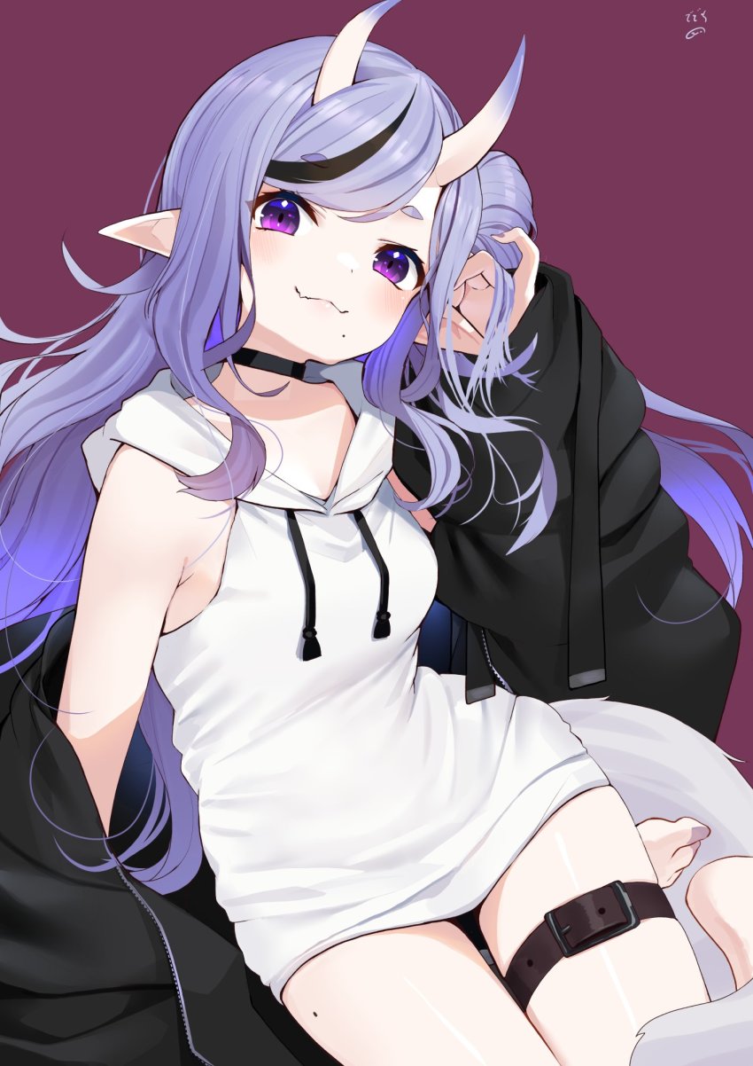 1girl :3 barefoot belt black_hair black_jacket blush breasts choker drawstring fang hair_bun hand_in_own_hair highres hood hoodie horns jacket light_purple_hair long_hair long_hoodie looking_at_viewer magenta_background medium_breasts mole mole_on_thigh mole_under_mouth multicolored_hair nejime nijisanji off_shoulder oni pointy_ears purple_background purple_eyes rindou_mikoto rindou_mikoto_(5th_costume) short_eyebrows side_bun simple_background single_hair_bun single_side_bun sitting skin-covered_horns skin_fang sleeveless sleeveless_hoodie smile solo streaked_hair thick_eyebrows thigh_belt thigh_strap virtual_youtuber white_hoodie yokozuwari