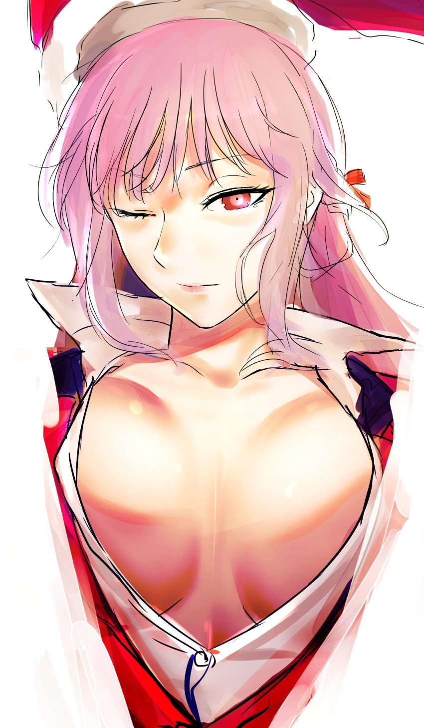 1girl absurdres breasts closed_mouth fate/grand_order fate_(series) florence_nightingale_(fate) hat highres i-pan large_breasts long_hair looking_at_viewer one_eye_closed pink_hair plunging_neckline popped_collar red_eyes red_hat santa_hat shirt simple_background solo upper_body white_background white_shirt