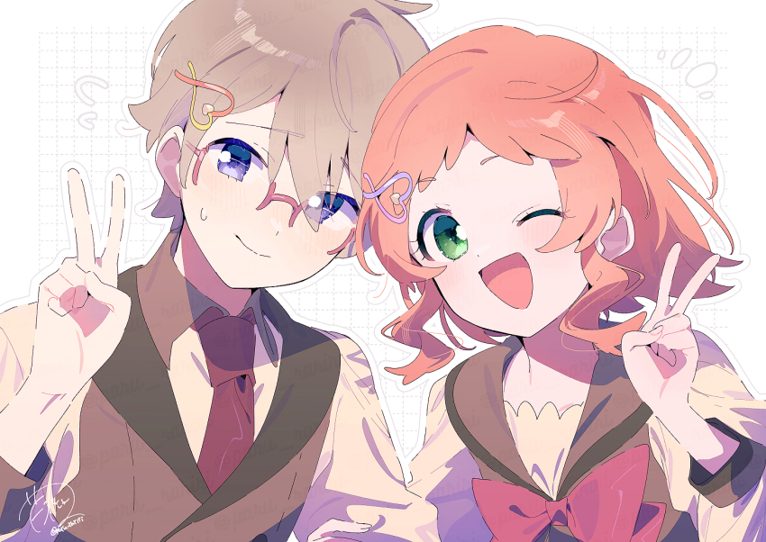 1boy 1girl blush bow bowtie brown_hair brown_sailor_collar brown_shirt brown_vest buttons closed_mouth collared_shirt dot_nose eyelashes eyes_visible_through_hair fingernails flying_sweatdrops glasses green_eyes grid_background hair_between_eyes hair_ornament hairclip happy heads_together heart heart_hair_ornament inukai_iroha light_blush long_sleeves loose_hair_strand necktie nervous notice_lines one_eye_closed open_mouth orange_hair outline paru_rari precure red-framed_eyewear red_bow red_bowtie red_necktie sailor_collar school_uniform second_wangan_school_uniform shirt short_hair sidelocks signature smile sweatdrop tareme toyama_satoru twitter_username v vest wavy_hair white_background white_outline wonderful_precure!