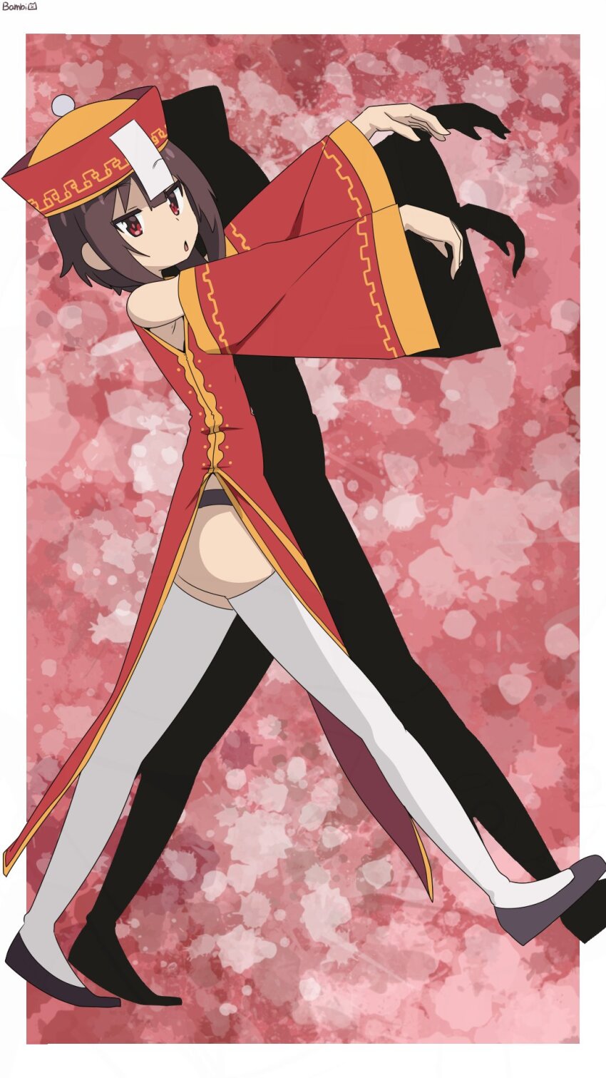 1girl artist_name ass bambi2000line black_panties black_shoes brown_hair commentary detached_sleeves from_side full_body hat highres jiangshi_costume jitome kono_subarashii_sekai_ni_shukufuku_wo! loli megumin outstretched_arms panties parted_lips qingdai_guanmao red_background red_eyes red_hat red_sleeves shoes short_hair side_slit solo thighhighs thighs underwear walking white_thighhighs zombie_pose