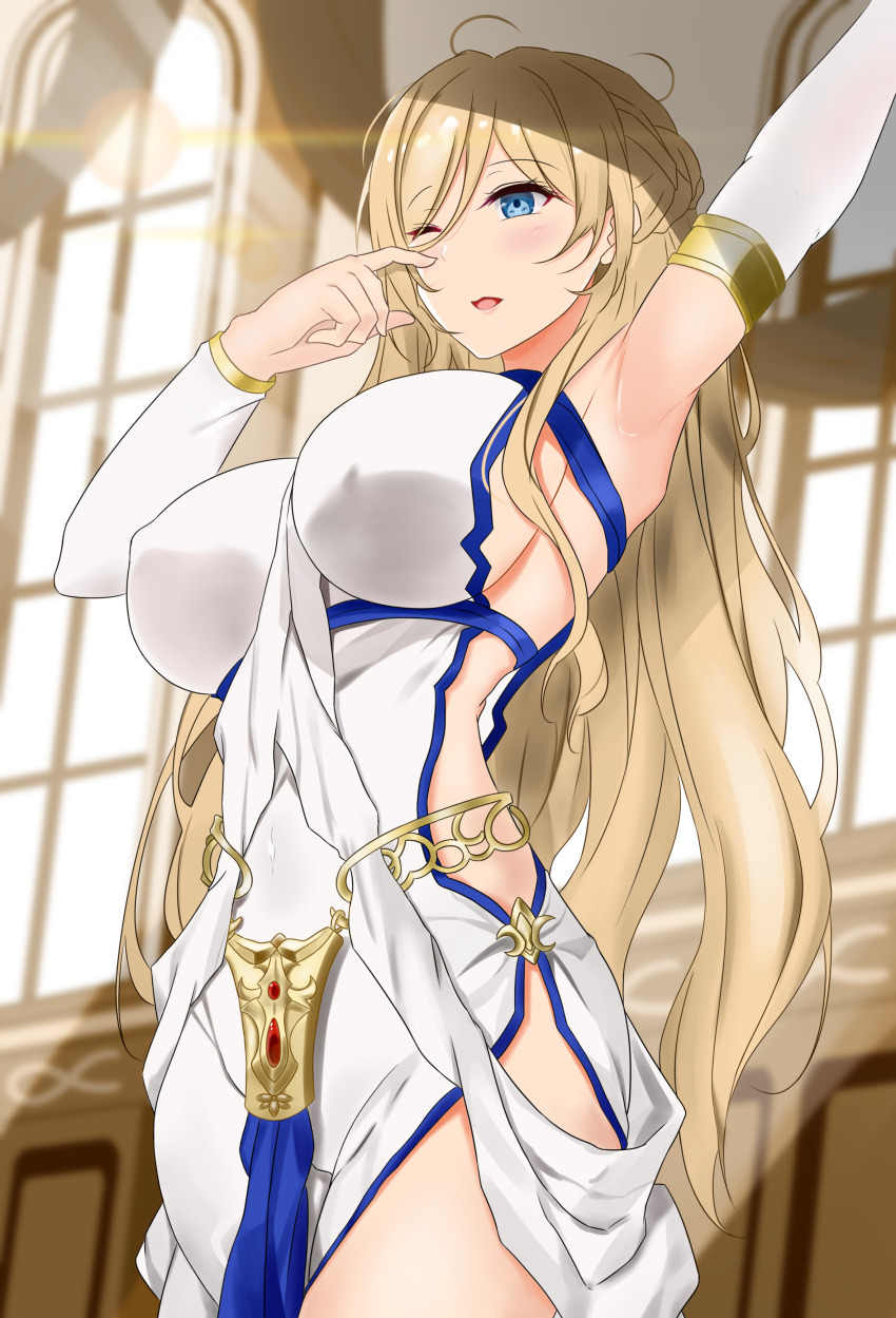 1girl absurdres arm_up armpits blonde_hair blue_eyes breasts commentary_request covered_erect_nipples cowboy_shot curtains day derivative_work detached_sleeves dress finger_to_face goblin_slayer! hair_between_eyes hand_up highres indoors large_breasts lcy2096 long_hair looking_to_the_side no_blindfold no_bra one_eye_closed parted_lips sideboob sideless_dress sideless_outfit solo stretching sunlight sword_maiden thighs white_dress window