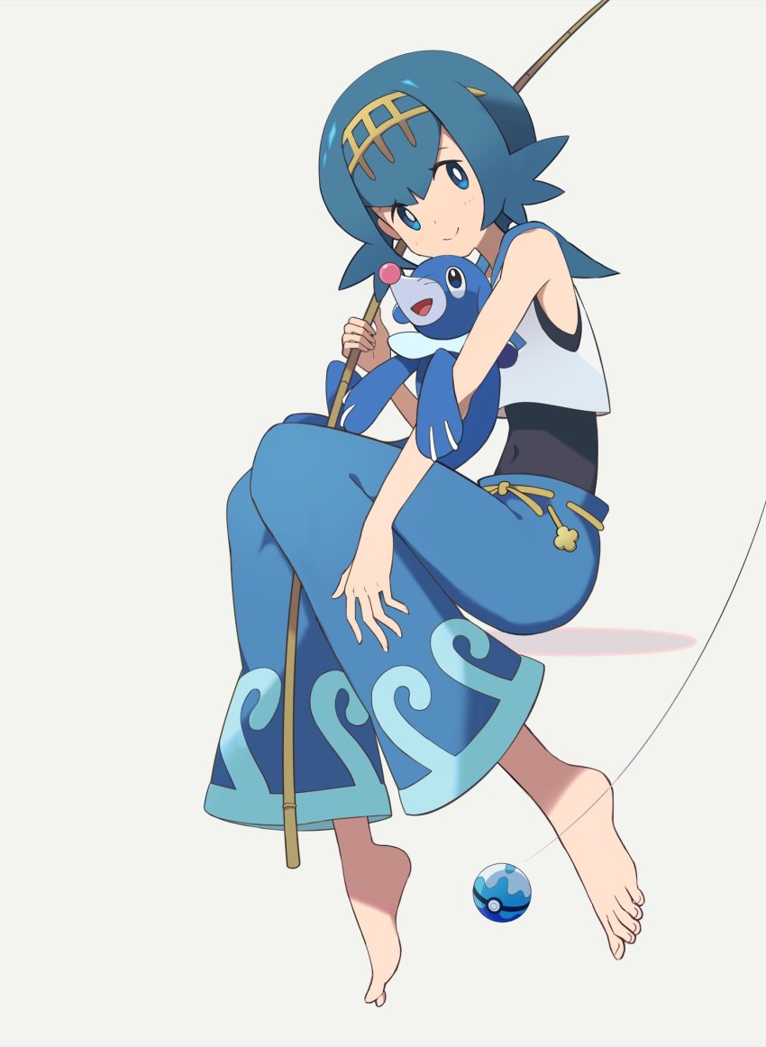 1girl barefoot bell-bottoms blue_eyes blue_hair blue_pants blue_sailor_collar blush bright_pupils capri_pants closed_mouth commentary_request dive_ball fishing_rod gen_7_pokemon hairband highres holding holding_fishing_rod lana_(pokemon) looking_at_viewer nintendo no_sclera okken one-piece_swimsuit pants poke_ball pokemon pokemon_sm popplio sailor_collar shirt short_hair sleeveless sleeveless_shirt smile swimsuit swimsuit_under_clothes toes wave_print white_background white_pupils white_shirt yellow_hairband