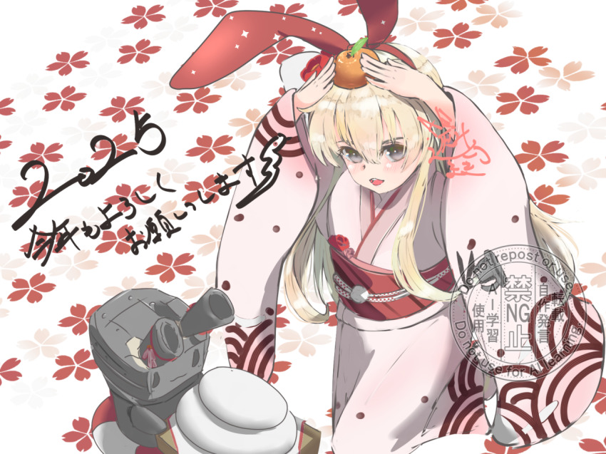 1girl 2025 anchor_hair_ornament aquerimaki blonde_hair floral_background food food_on_head fruit fruit_on_head grey_eyes hair_ornament hairband happy_new_year haregi japanese_clothes kagami_mochi kantai_collection kimono long_hair mandarin_orange mochi new_year object_on_head official_alternate_costume pink_kimono red_hairband rensouhou-chan shimakaze_(new_year)_(kancolle) watermark