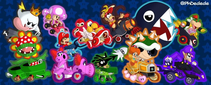 3girls 6+boys _double_dash!! baby_luigi baby_mario banana birdo blooper_(mario) bob-omb bow bowser_jr. chain_chomp crown diddy_kong donkey_kong_(series) double_dash!! dress driving facial_hair food fruit golden_mushroom grin hat highres kart king_boo koopa_paratroopa koopa_shell luigi mario mario_(series) mario_k mario_kart multiple_boys multiple_girls mustache nintendo orange_dress overalls petey_piranha plant princess_daisy red_shell_(mario) riding serious smile spikes super_mushroom toadette tongue tongue_out waluigi wings