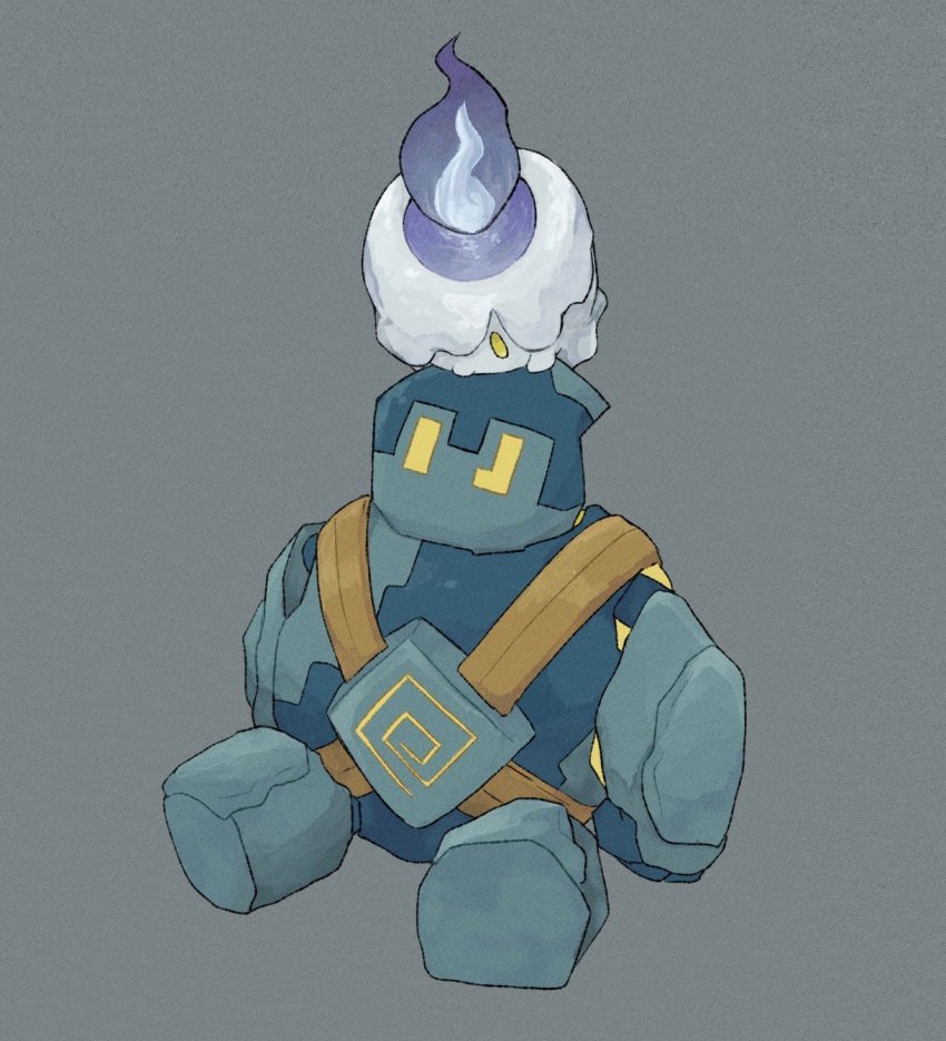 commentary_request eye_contact fire gen_5_pokemon golett grey_background highres litwick looking_at_another nintendo no_humans omaru_(wick_moshi) on_head pokemon pokemon_(creature) pokemon_on_head simple_background sitting yellow_eyes