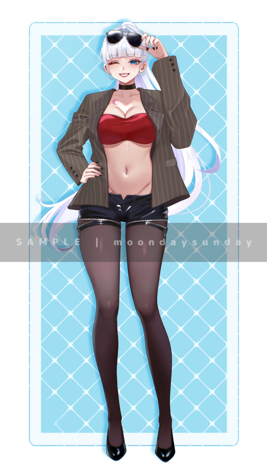 1girl absurdres bandeau black_choker black_shoes black_shorts blue_eyes breasts brown_jacket brown_pantyhose choker cleavage commission eyewear_on_head full_body grin hand_on_own_hip highres jacket long_hair long_sleeves looking_at_viewer matchacha medium_breasts midriff mole mole_on_breast nail_polish navel navel_piercing one_eye_closed open_clothes open_fly open_jacket original pantyhose piercing ponytail red_bandeau shoes short_shorts shorts smile solo standing stomach strapless striped_clothes striped_jacket sunglasses tube_top white_hair