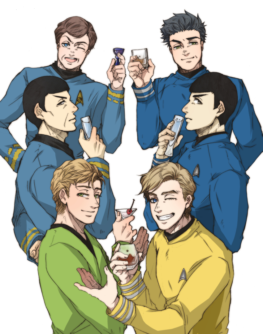 3boys aaa-ryo absurdres alcohol animification arm_behind_back black_hair blue_eyes blue_shirt communicator crossed_arms cup drinking_glass green_eyes green_shirt hand_up highres in-franchise_crossover james_tiberius_kirk leonard_mccoy long_sleeves looking_at_viewer male_focus martini multiple_boys multiple_views one_eye_closed pointy_ears rocks_glass shirt shot_glass sideways_glance smile spock star_trek star_trek:_kelvin_timeline star_trek:_the_original_series starfleet_uniform tumbler vulcan white_background yellow_shirt