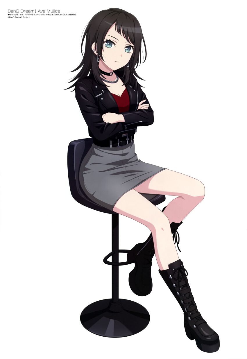 1girl absurdres artist_request bang_dream! bang_dream!_it&#039;s_mygo!!!!! belt belt_buckle black_belt black_boots black_choker black_hair black_jacket blue_eyes boots breasts buckle chain chain_necklace choker cleavage closed_mouth collarbone copyright_name copyright_notice crossed_arms diagonal_bangs earrings grey_skirt highres jacket jewelry knee_boots lace-up_boots leather leather_jacket long_hair looking_at_viewer magazine_scan megami_magazine miniskirt necklace official_art on_stool open_clothes open_jacket pencil_skirt platform_boots red_shirt scan shirt simple_background sitting skirt solo stool white_background yahata_umiri