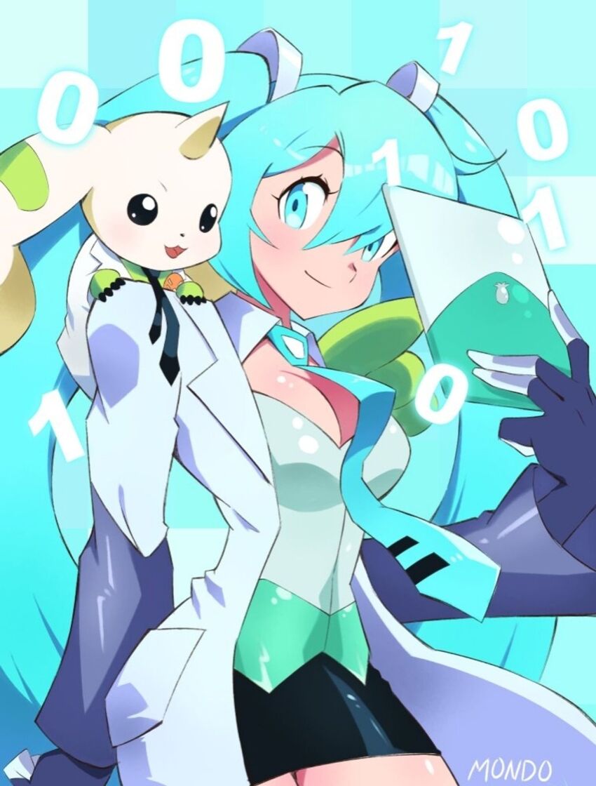 black_eyes blue_hair coat digimon digimon_(creature) hatsune_miku highres horns necktie tablet terriermon_assistant vocaloid