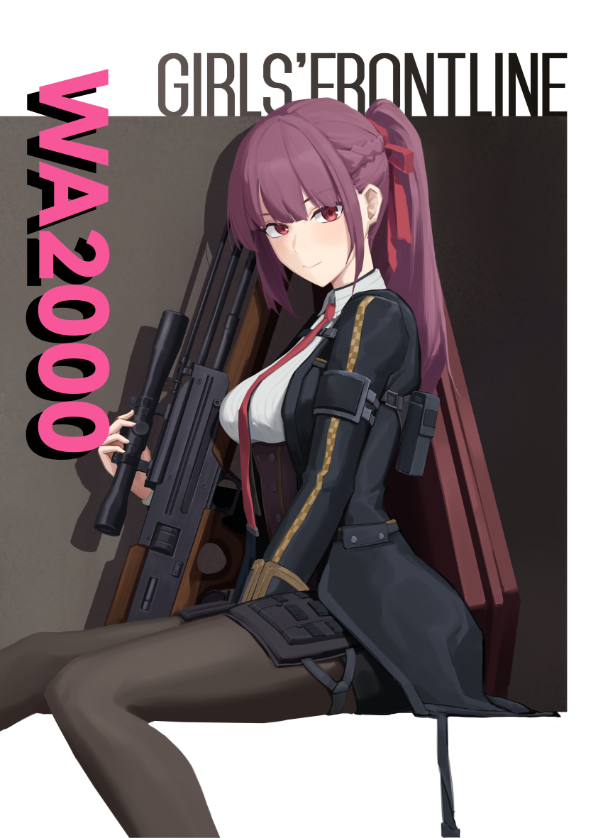 1girl absurdres black_jacket black_pantyhose breasts brown_background bullpup character_name chinese_commentary closed_mouth collared_shirt commentary_request copyright_name corset girls&#039;_frontline girls&#039;_frontline_2:_exilium gun highres holding holding_gun holding_weapon jacket long_hair looking_at_viewer makiatto_(girls&#039;_frontline_2) necktie open_clothes open_jacket pantyhose ponytail purple_corset purple_hair red_eyes red_necktie rifle scope shirt simple_background sitting smile sniper_rifle solo two-tone_background wa2000_(girls&#039;_frontline) walther walther_wa_2000 weapon weapon_name white_background white_shirt wutou_qishi_bamamei