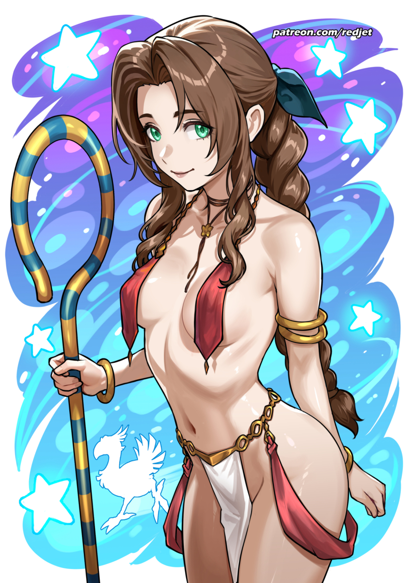 1girl aerith_gainsborough armlet bracelet braid braided_ponytail breast_curtains breasts brown_hair closed_mouth dancer final_fantasy final_fantasy_vii gold_armlet gold_bracelet green_eyes hair_intakes harem_outfit highres jewelry long_hair looking_at_viewer navel pelvic_curtain redjet small_breasts smile solo stomach very_long_hair