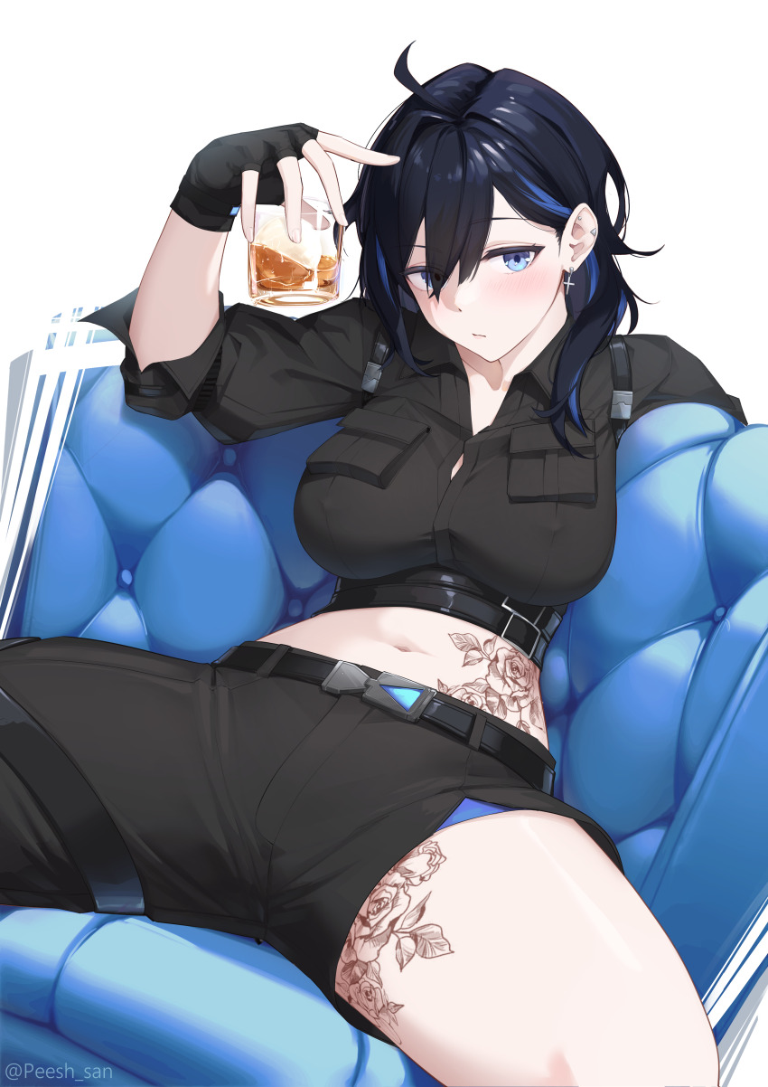 1girl absurdres ahoge asymmetrical_clothes ayase_yuu black_gloves black_hair blue_eyes blue_hair blush breasts chair collarbone covered_erect_nipples cropped_shirt fingerless_gloves gloves highres large_breasts long_hair looking_at_viewer multicolored_hair navel on_chair peesh_san phase_connect phase_connect_jp short_sleeves single_pantsleg sitting stomach streaked_hair tattoo virtual_youtuber