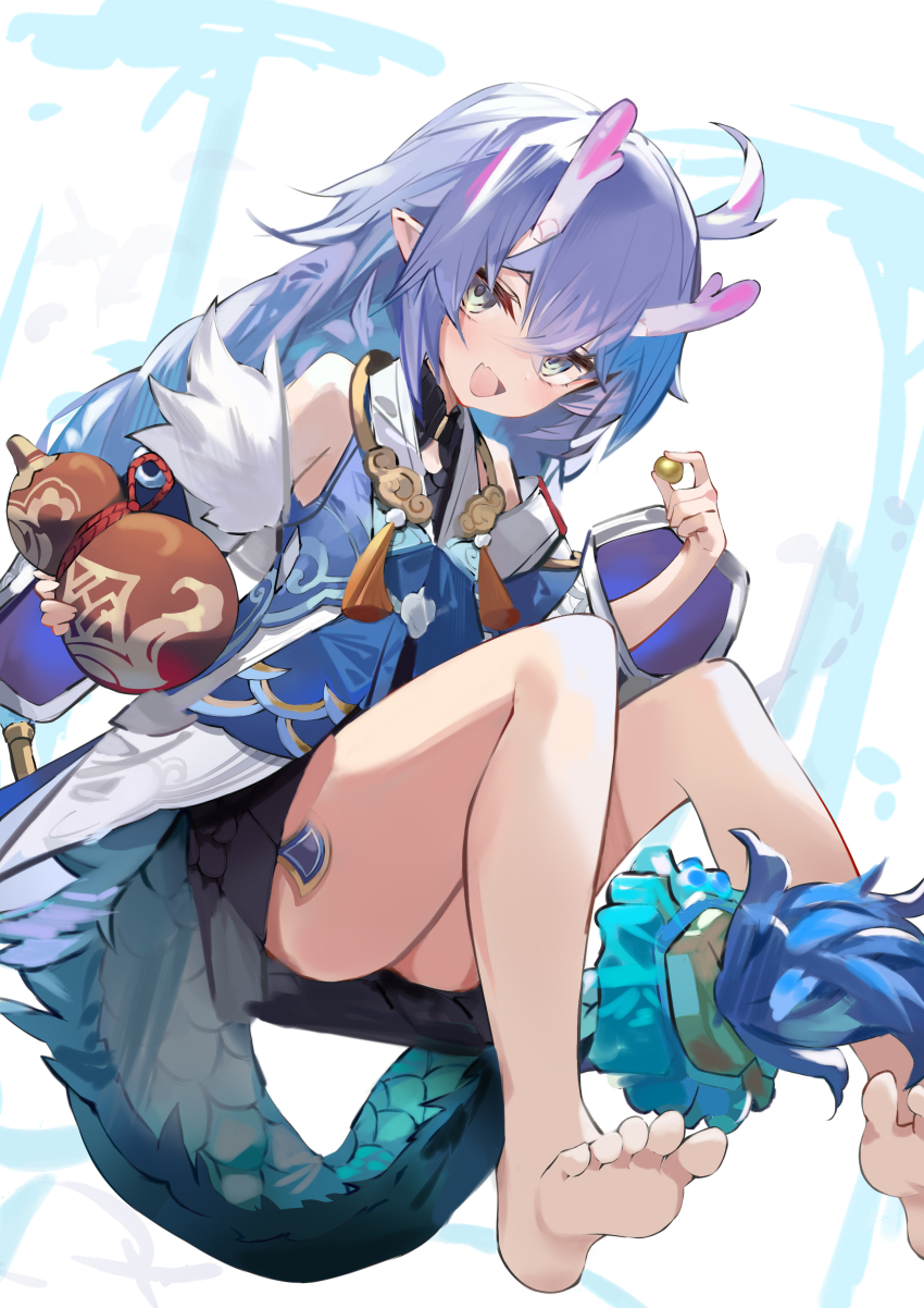 1girl absurdres ahoge bailu_(honkai:_star_rail) bare_legs barefoot blush braid chinese_clothes detached_sleeves dragon_girl dragon_horns dragon_tail eastern_dragon_horns eastern_dragon_tail gourd green_eyes highres holding holding_gourd honkai:_star_rail honkai_(series) horns long_hair long_sleeves looking_at_viewer open_mouth paheide_guang pointy_ears purple_hair smile tail
