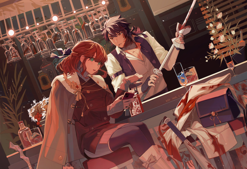 1boy 1girl absurdres alcohol bag bar_(place) bar_stool baseball_bat black_hair black_pantyhose blood blood_on_clothes blood_on_face blood_splatter bloody_weapon boots cleaning cleaning_weapon cup dress drinking_glass female_saniwa_(touken_ranbu) flower food food_in_mouth green_eyes hair_between_eyes handbag highres hirono1118 holding holding_sword holding_weapon katana light_particles long_sleeves looking_at_phone medium_hair mutsu-no-kami_yoshiyuki orange_eyes pantyhose phone plant pocky pocky_in_mouth potted_plant red_hair saniwa_(touken_ranbu) short_hair showing sitting skirt sleeves_past_wrists standing stool sweater sweater_dress sword touken_ranbu weapon white_flower white_footwear window_blinds wine_glass