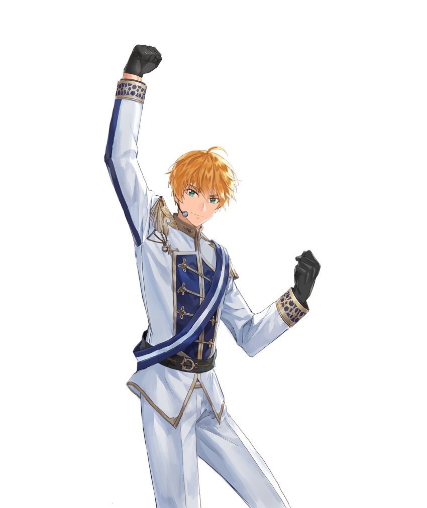 1boy ahoge artist_request black_gloves black_pants blonde_hair blue_sash blue_shirt clause_(king&#039;s_raid) commentary commentary_request cowboy_shot english_commentary epaulettes fringe_trim gloves gold_trim green_eyes highres idol idol_clothes king&#039;s_raid korean_commentary male_focus microphone mixed-language_commentary multicolored_shirt official_alternate_costume official_art pants sash second-party_source shirt shoulder_sash smile solo striped_sash white_pants white_sash white_shirt