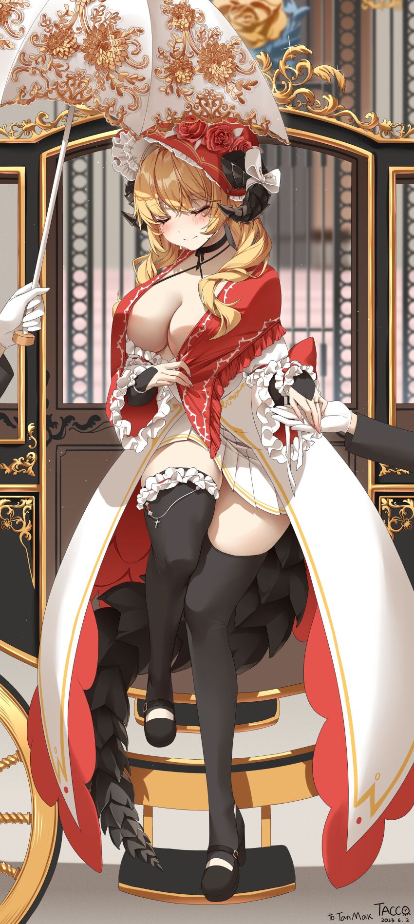 1girl absurdres black_choker black_footwear black_thighhighs blonde_hair bonnet breast_curtain breasts carriage choker cleavage closed_eyes commission criss-cross_halter dragon_horns dragon_tail dress frilled_dress frilled_sleeves frills halterneck highres horn_ornament horn_ribbon horns horns_through_headwear jewelry large_breasts legs long_sleeves miniskirt multiple_others original parasol pleated_skirt ribbon ribbon_choker ring second-party_source shoes skirt smile solo_focus spaghetti_strap tacco_(tikeworld) tail thighhighs thighs toeless_legwear twintails umbrella white_dress white_skirt zettai_ryouiki