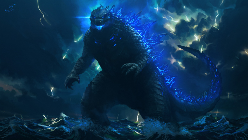 absurdres blue_eyes claws cloud cloudy_sky crossover dinosaur electricity energy giant giant_monster gills glowing glowing_eyes glowing_gills glowing_mouth glowing_spikes godzilla godzilla:_king_of_the_monsters godzilla_(series) godzilla_vs._kong highres kaiju king_kong_(series) legendary_pictures lightning looking_at_viewer monster monsterverse night no_humans no_pupils ocean open_mouth overcast sea_monster sharp_teeth sky spikes splashing storm tail teeth toho tongue victor_sales water waves