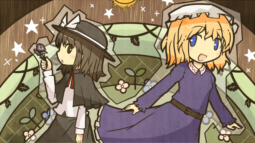 2girls akihiyo blonde_hair blue_eyes bow brown_eyes brown_hair dress flower hat highres holding holding_flower maribel_hearn multiple_girls open_mouth ribbon short_hair star_(symbol) sun touhou trojan_green_asteroid usami_renko