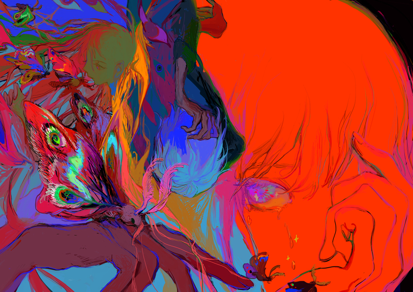 3others animal animal_on_hand antennae athgil blue_eyes bug character_background colorful crying crying_with_eyes_open extra_eyes hand_on_own_face insect long_hair moth multicolored_wings multiple_others original other_focus painterly short_hair tears white_hair wings
