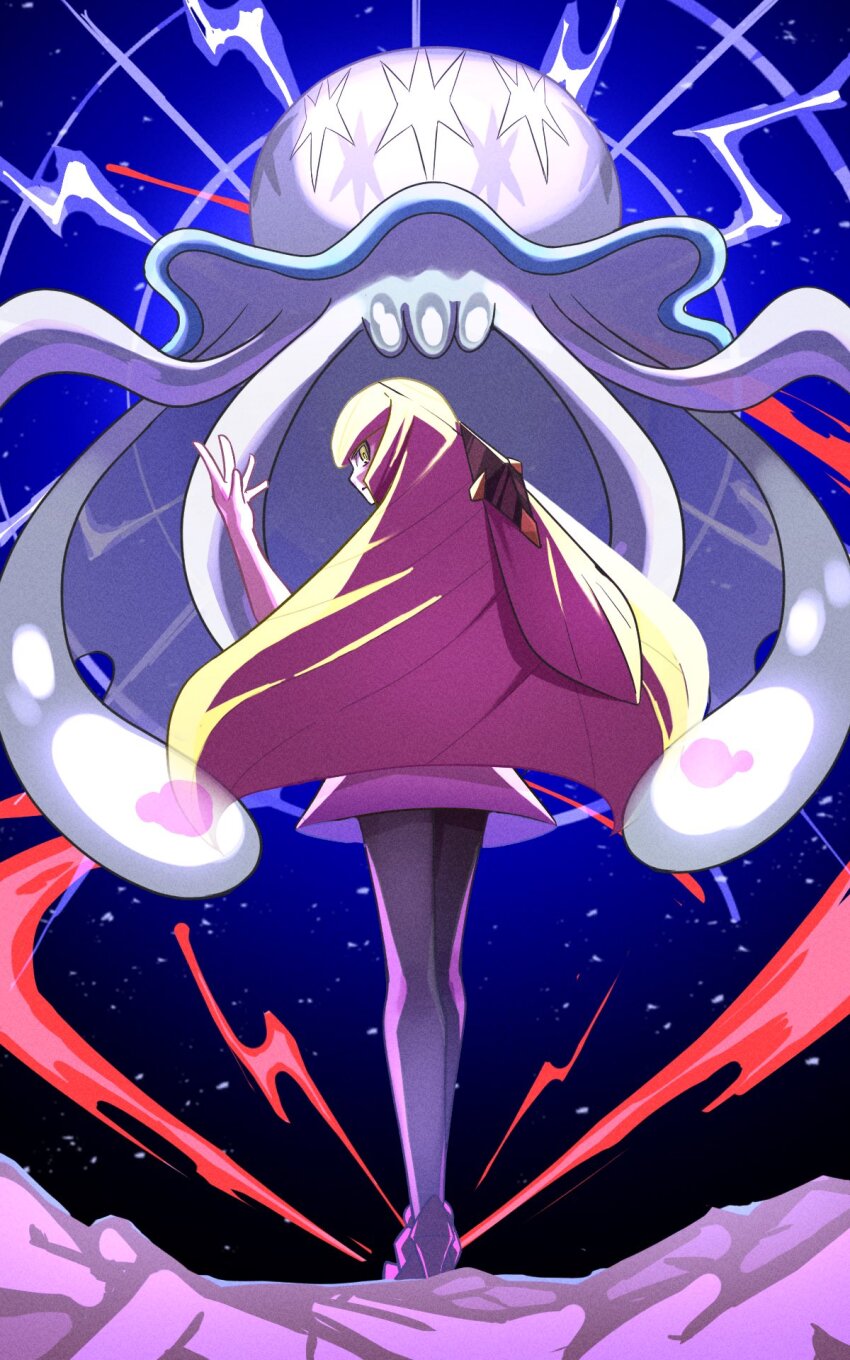 1girl blonde_hair closed_mouth commentary_request dress from_behind full_body gen_7_pokemon green_eyes hair_ornament highres inana_umi long_hair looking_at_viewer looking_back lusamine_(pokemon) nihilego nintendo pants pokemon pokemon_(creature) pokemon_sm standing tentacles ultra_beast very_long_hair