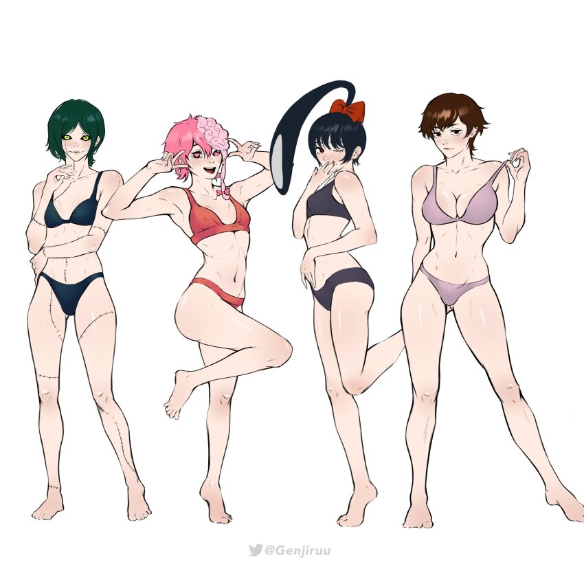 4girls armpits ass bare_legs bare_shoulders barefoot bra breasts chainsaw_man character_request collarbone feet full_body genjiruu highleg highleg_panties highres long_hair looking_at_viewer medium_breasts multiple_girls narrow_waist navel panties short_hair simple_background standing thick_thighs thighs twitter_username underwear white_background
