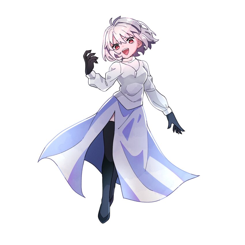 1girl ahoge alternate_color arcueid_brunestud evil_smile fang floating_hair gloves highres jewelry necklace red_arcueid red_eyes shoes short_hair skirt smile sweater thighhighs tsukihime tsukihime_(remake) turtleneck turtleneck_sweater white_sweater yukinari_gamesk