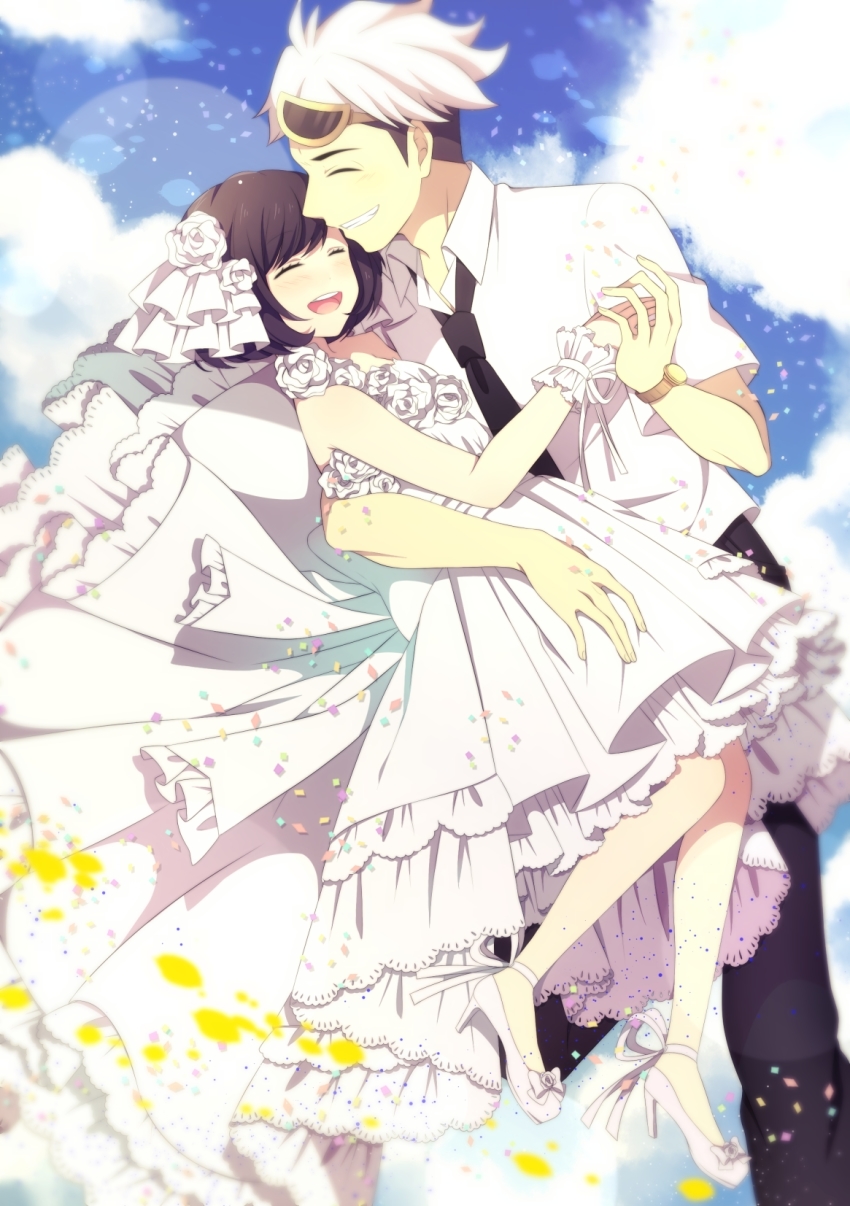 1boy 1girl ^_^ alternate_costume bare_shoulders black_hair black_necktie blue_sky blush carrying closed_eyes cloud collared_shirt crml_orng day dress eyewear_on_head flower flower_on_head full_body guzma_(pokemon) happy hetero high_heels highres holding_hands married necktie nintendo npc_trainer player_character pokemon pokemon_sm rose selene_(pokemon) shirt sky smile sunglasses team_skull teeth tuxedo watch wedding_dress white_dress white_flower white_hair white_rose
