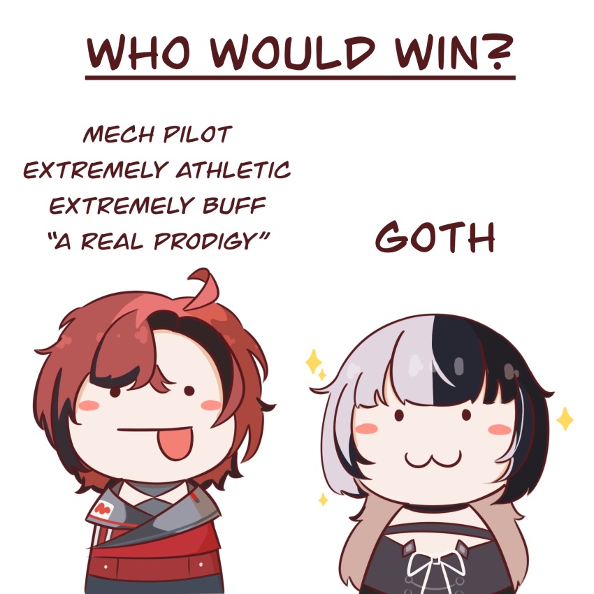 1boy 1girl :3 :p black_dress black_hair commentary dress english_commentary english_text grey_hair highres hiroavrs hololive hololive_english holostars holostars_english jacket long_hair machina_x_flayon machina_x_flayon_(1st_costume) multicolored_hair red_hair red_jacket shiori_novella short_hair simple_background split-color_hair tongue tongue_out two-tone_hair virtual_youtuber white_background