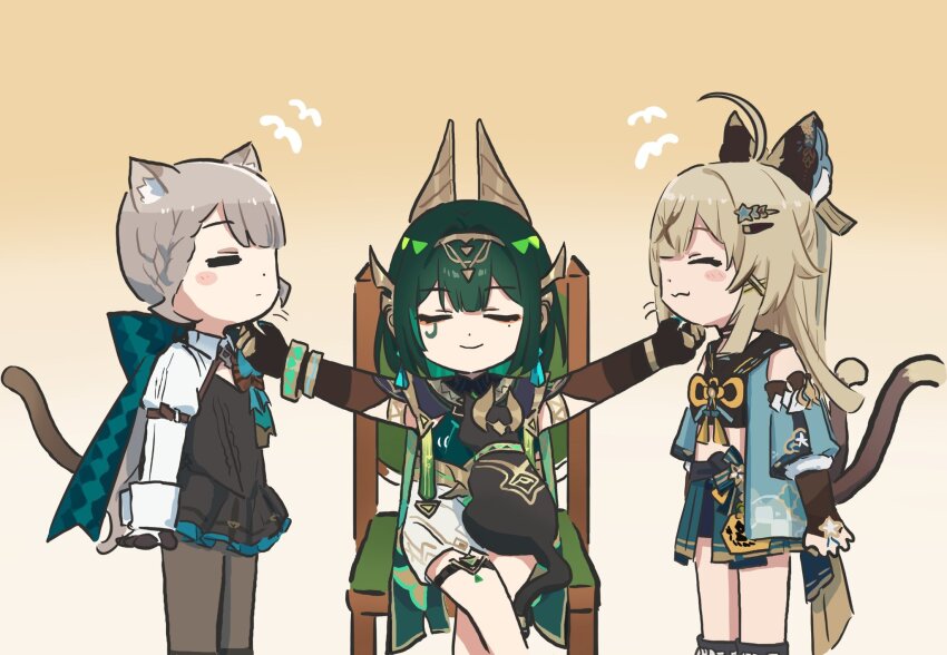 3girls animal_ears ashru_(genshin_impact) black_cat black_gloves brown_hair cat cat_ears cat_girl cat_tail chair closed_eyes closed_mouth dress feral_instincts genshin_impact gloves green_eyes green_hair grey_hair happy highres japanese_clothes kirara_(genshin_impact) long_hair long_sleeves looking_at_another lynette_(genshin_impact) multiple_girls nefer_(genshin_impact) nekomata on_chair pantyhose petting purple_eyes short_hair sitting smile standing tail xinzoruo
