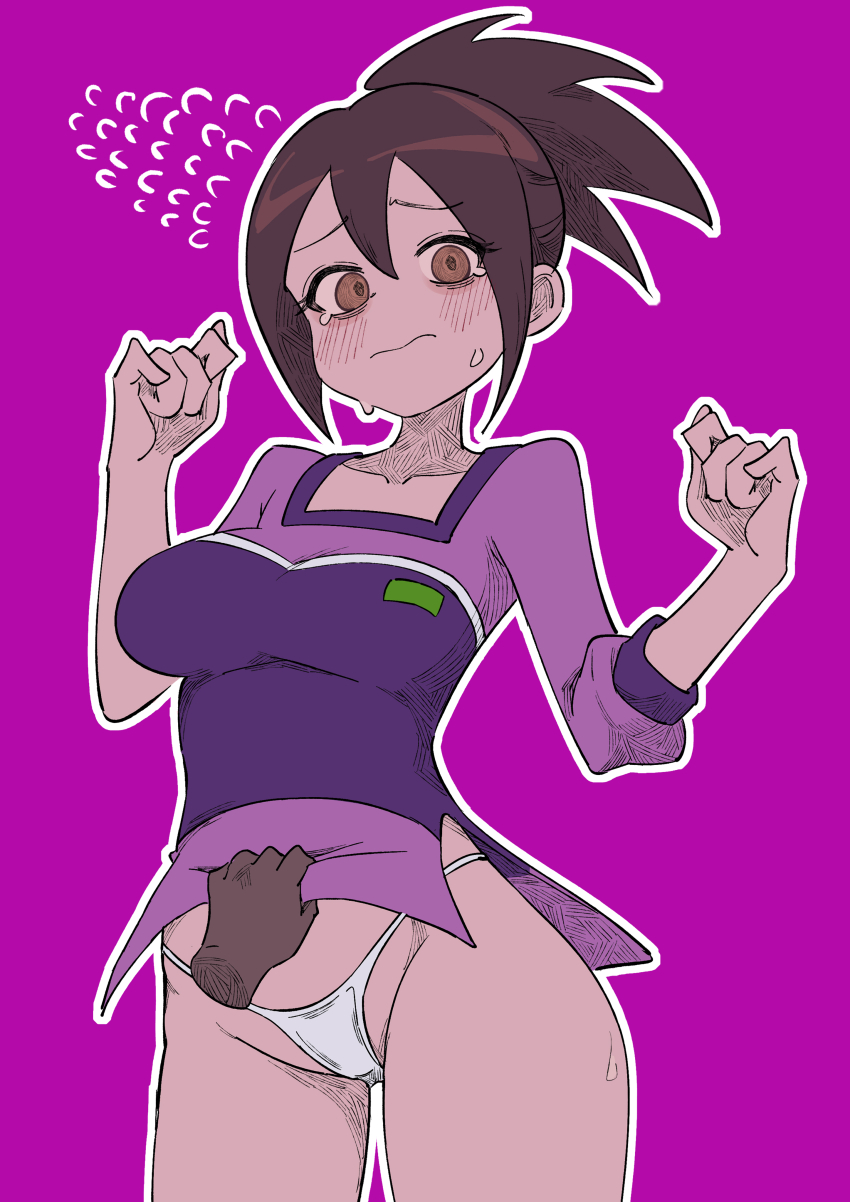 1girl :&gt; absurdres blush breasts brown_eyes brown_hair buzzlyears collarbone curvy high_ponytail highleg highleg_panties highres hope_stelar_(mega_man) looking_at_viewer medium_breasts medium_hair mega_man_(series) mega_man_star_force_(series) nervous no_pants paid_reward_available panties ponytail purple_background purple_shirt shirt solo thong underwear white_panties wide_hips