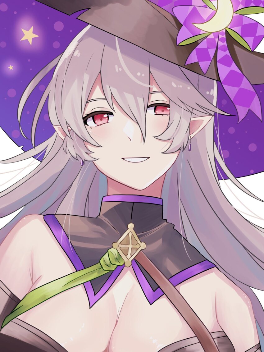 1girl bare_shoulders black_dress breasts cleavage corrin_(female)_(fire_emblem) corrin_(female)_(halloween)_(fire_emblem) crossed_belts dress earrings fire_emblem fire_emblem_fates fire_emblem_heroes grey_hair grin halloween halloween_costume hat highres jewelry large_breasts long_hair looking_at_viewer n_54 nintendo off-shoulder_dress off_shoulder official_alternate_costume pointy_ears red_eyes simple_background smile solo upper_body white_background witch witch_hat