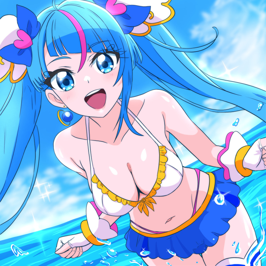 1girl :d absurdres ahoge alternate_breast_size alternate_costume bare_shoulders bikini bikini_skirt blue_bikini blue_eyes blue_hair blue_sky blush breasts cleavage cloud collarbone day dutch_angle earrings fingerless_gloves floating_hair gloves groin hair_ornament halterneck heart heart_hair_ornament highres hirogaru_sky!_precure jewelry leaning_forward long_hair manga_sakuga_(precure) medium_breasts microskirt multicolored_hair navel ocean open_mouth outdoors precure shiny_skin sidelocks skirt sky smile solo sora_harewataru sparkle streaked_hair swimsuit thighhighs twintails very_long_hair white_bikini white_gloves white_thighhighs zettai_ryouiki