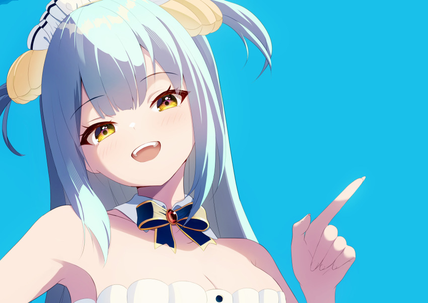 1girl :d absurdres armpits azur_lane bare_shoulders blue_background blue_hair blush breasts cleavage commentary_request detached_collar hand_up highres index_finger_raised looking_at_viewer maid_headdress medium_breasts neptune_(azur_lane) open_mouth portrait shell_hair_ornament simple_background smile solo tako-san_wiener_(takosanuma) teeth two_side_up upper_teeth_only yellow_eyes
