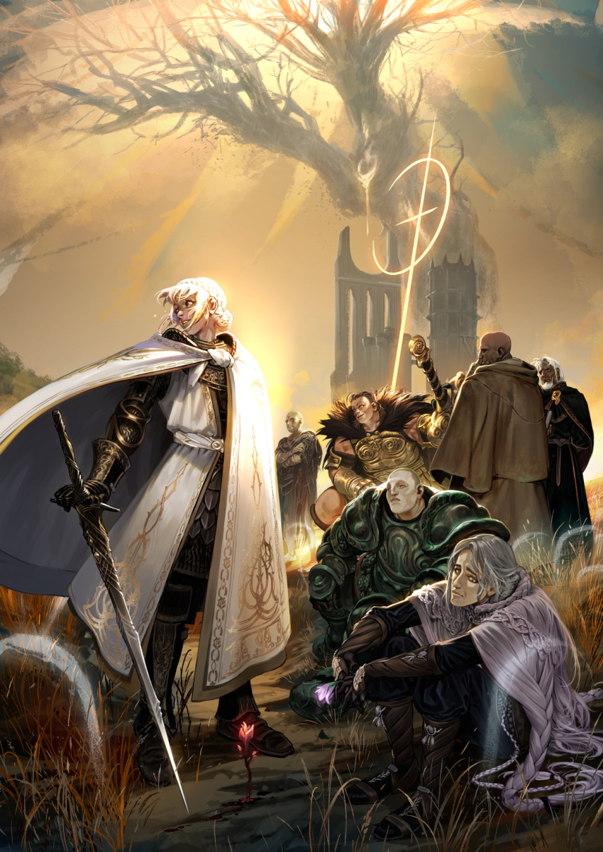 2girls 5boys armor armor_under_clothes bald black_robe blonde_hair braid branch cape cloak commentary crossed_arms crown_braid dryleaf_dane elden_ring elden_ring:_shadow_of_the_erdtree english_commentary facial_hair flower full_armor fur_cape gold_armor golden_cross_(elden_ring) grass greatsword grey_facial_hair grey_hair highres holding holding_sword holding_weapon hornsent_(elden_ring) knight moore_(elden_ring) multiple_boys multiple_girls muscular muscular_female needle_knight_leda ornate ornate_armor outdoors pietro_antognioni redmane_freyja robe short_hair sir_ansbach sitting sky squatting standing sword thiollier_(elden_ring) tree tunic weapon white_cloak white_hair white_tunic yellow_sky